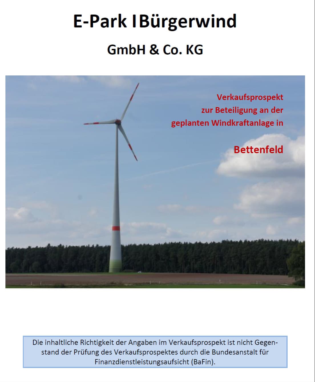 Titelseite des Verkaufsprospekts der E-Park Bürgerwind GmbH & Co. KG zur Windkraftanlage in Bettenfeld